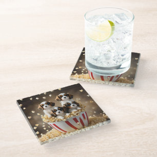 Quads Cavalier Spaniel Puppies In The Popcorn, Glass Coaster