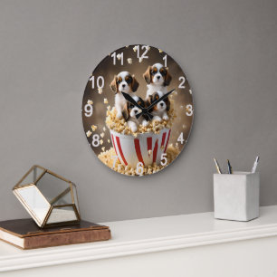 Quads Cavalier Spaniel Puppies In The Popcorn, Large Clock