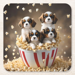 Quads Cavalier Spaniel Puppies In The Popcorn, Square Paper Coaster