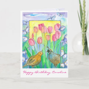 Quail Birds Pink Tulip Flowers Happy Birthday Card