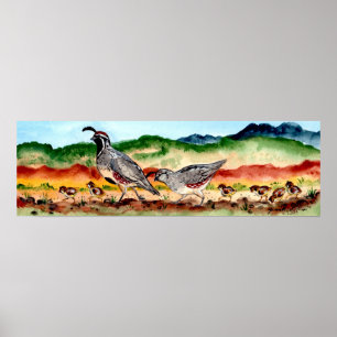 Quail family with Peeps Southwestern Art Poster