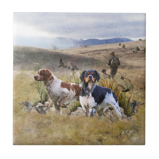 Quail Hunting with a Brittany Spaniels, Art  Ceramic Tile (Front)