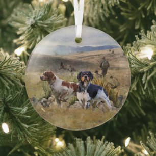 Quail Hunting with a Brittany Spaniels, Art  Glass Tree Decoration