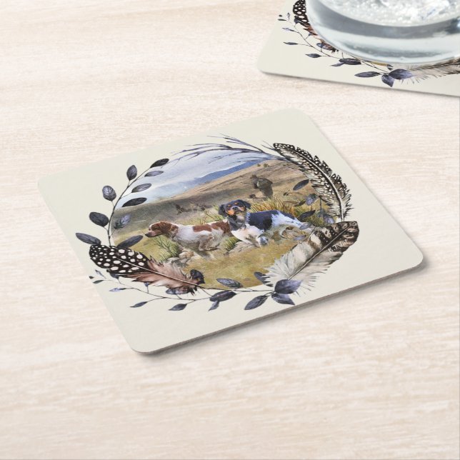 Quail Hunting with a Brittany Spaniels, Art  Square Paper Coaster (Angled)