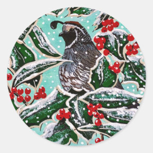Quail in Christmas Holly! Classic Round Sticker