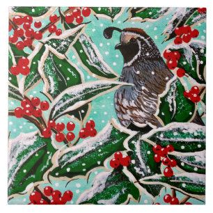 Quail in Holly Magnet Ceramic Tile