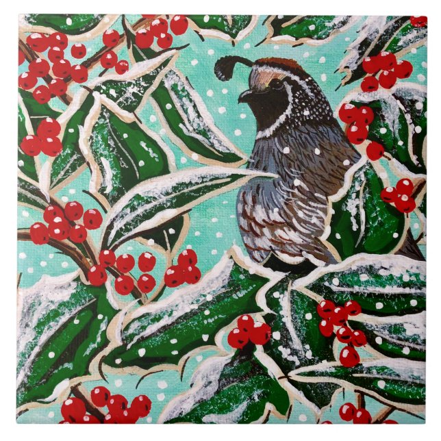Quail in Holly Magnet Ceramic Tile (Front)