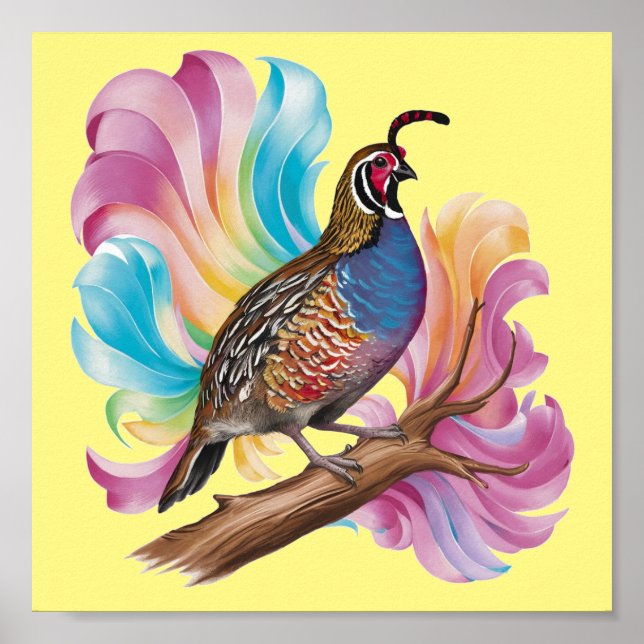Quail on branch colourful background poster (Front)