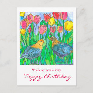 Quail Tulip Garden Happy Birthday Postcard