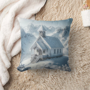 Quaint Christmas Church In The Mountains Cushion