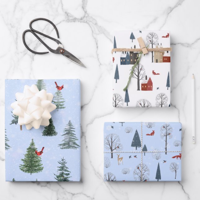 Quaint Country Woodland Scene Set of 3 Wrapping Paper Sheet (Front)
