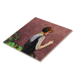 QUALIDA, 1920s FASHION in GREEN and ROSE Ceramic Tile