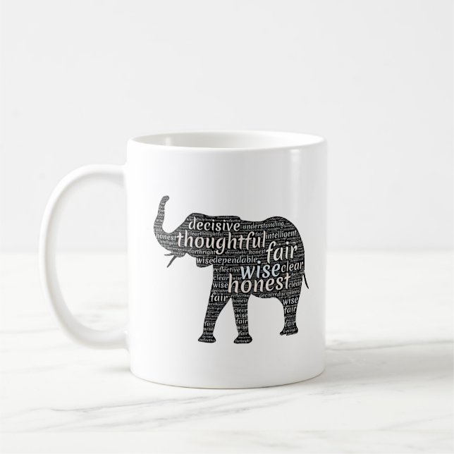 Qualities of an Elephant Word Cloud Coffee Mug (Left)