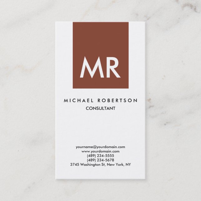 Quality Brown White Monogram Elegant Unique Business Card (Front)