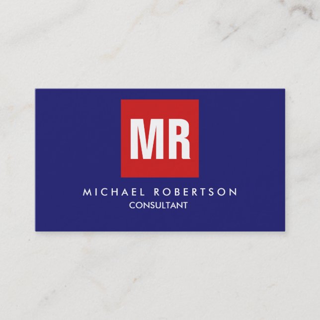 Quality Midnight Blue Red Monogram Unique Business Card (Front)