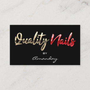 Quality Nails QR Code Logo Black Gold Red Script Business Card
