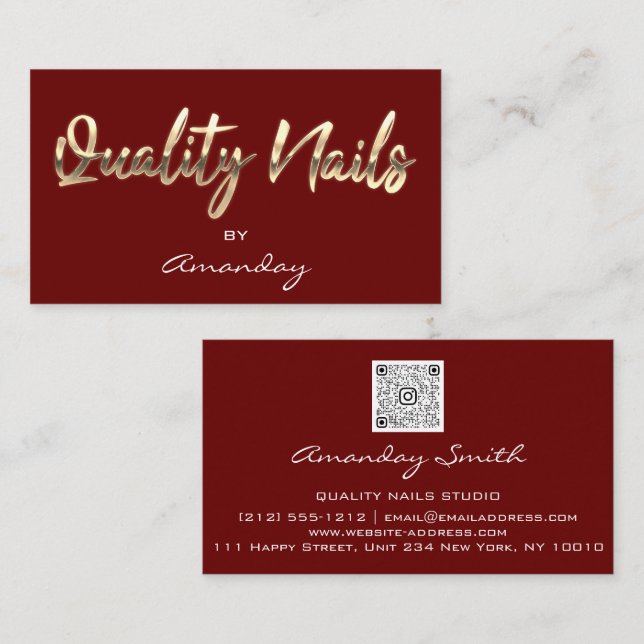 Quality Nails QR Code Logo Burgundy Red Gold  Business Card (Front/Back)
