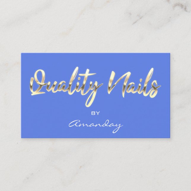 Quality Nails Script QR Code Logo Blue Gold  Business Card (Front)