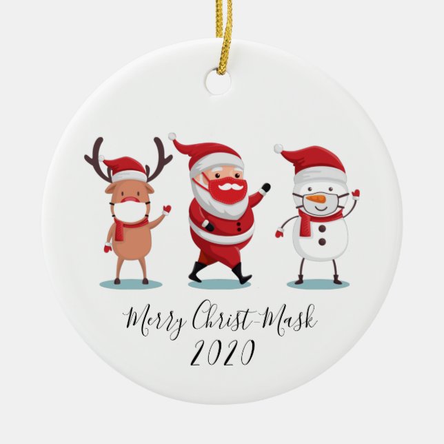 Quarantine 2020 Merry Christmask Script Ceramic Ornament (Front)