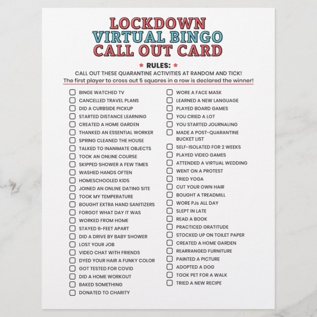 Quarantine Bingo Lockdown Activities Call Out List (Front)