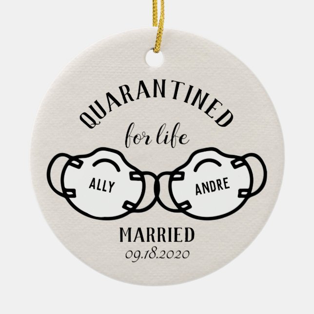 Quarantine Newlyweds Pandemic Face Mask Keepsake Ceramic Ornament (Front)