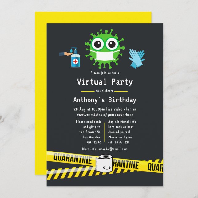 Quarantine Virtual Birthday Party Invitation (Front/Back)