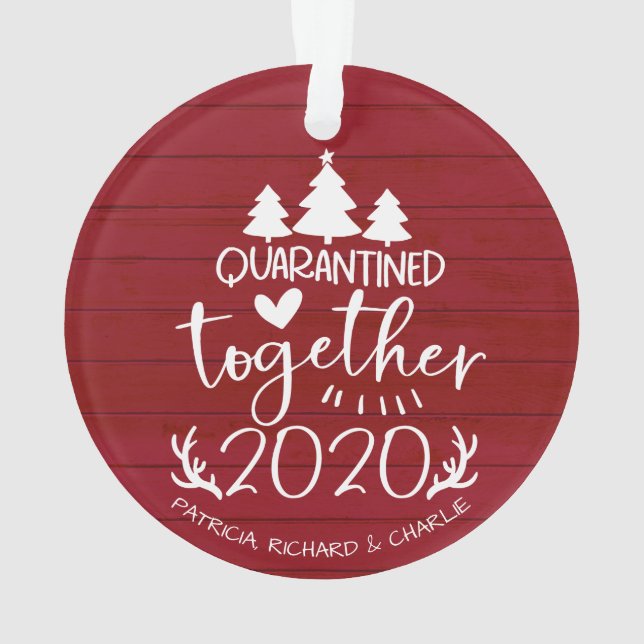 Quarantined Together Cute Covid Christmas Red Ornament (Back)