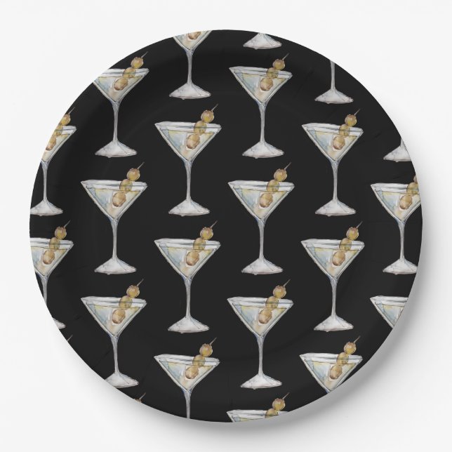 Quarantini Martini Cocktail Pattern Black Paper Plate (Front)