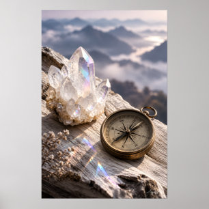 Quartz Crystal and Brass Compass Ethereal Still Li Poster