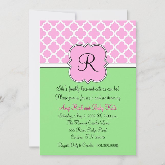 Quatrafoil Monogram Sip and See Baby Invitation (Front)