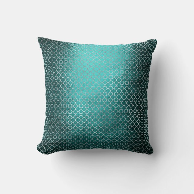 Quatrefoil Art Deco Silver Teal Green Glam Cushion (Front)