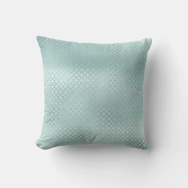 Quatrefoil Art Deco Silver Tiffany Aqua Ocean Glam Cushion (Front)