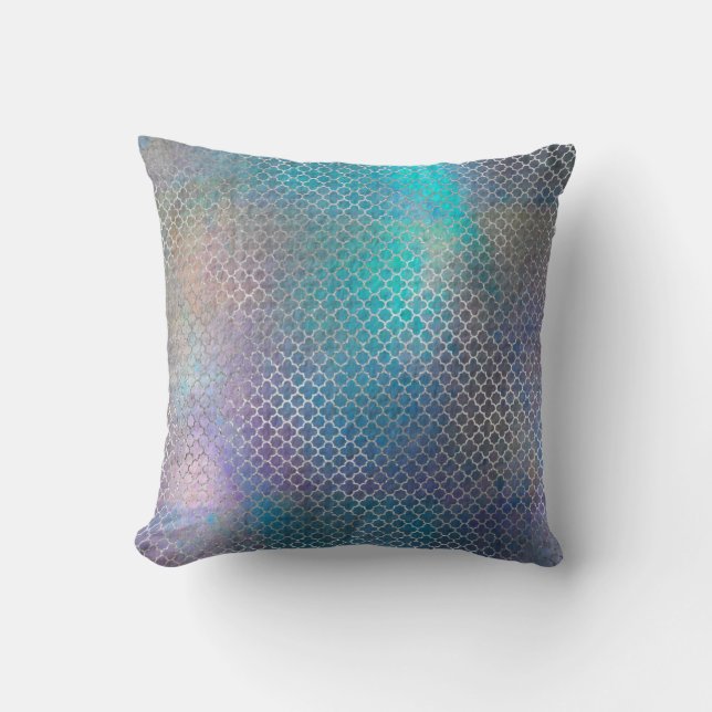 Quatrefoil Art Deco Silver Turquoise Teal Metallic Cushion (Front)