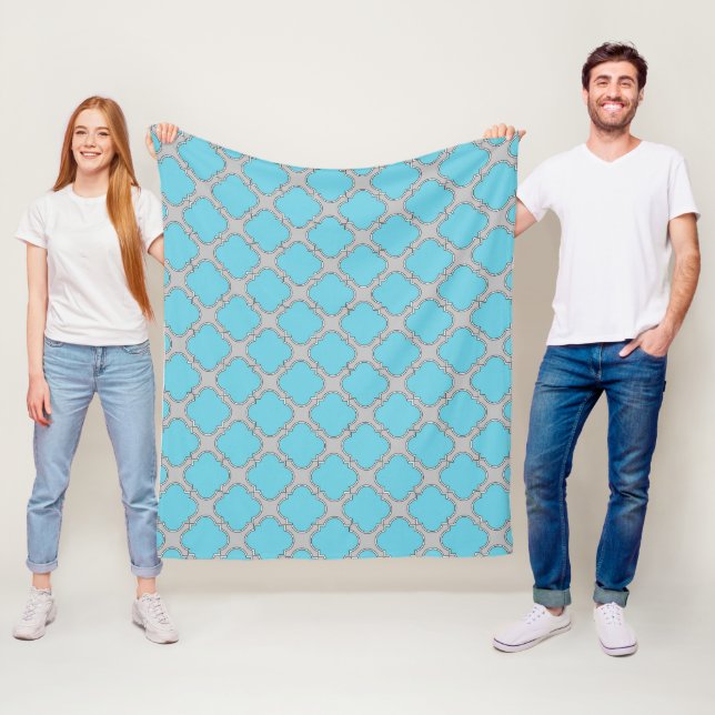 Quatrefoil blue and grey fleece blanket (In Situ)
