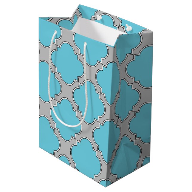 Quatrefoil blue and grey medium gift bag (Back Angled)