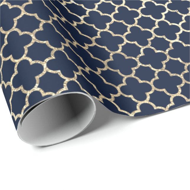 Quatrefoil Bridal Blue Navy Faux Gold Wrapping Paper (Roll Corner)