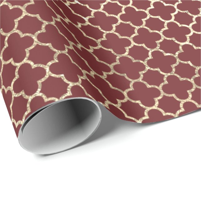 Quatrefoil Burgundy Red Bright Art Deco Faux Gold Wrapping Paper (Roll Corner)