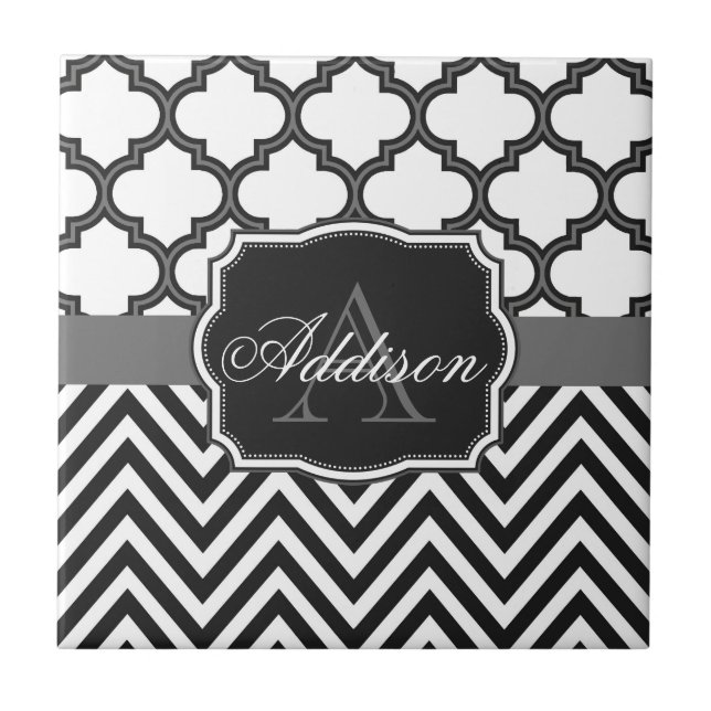 Quatrefoil Chevron Monogram Ceramic Tile (Front)