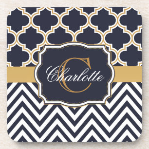 Quatrefoil Chevron Monogram Coaster