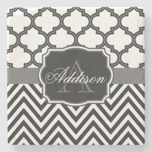 Quatrefoil Chevron Monogram Stone Coaster