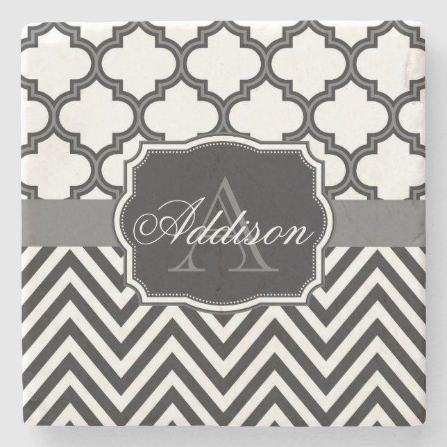 Quatrefoil Chevron Monogram Stone Coaster (Front)