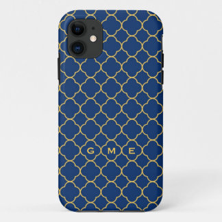 Quatrefoil clover pattern navy yellow 3 monogram iPhone 11 case
