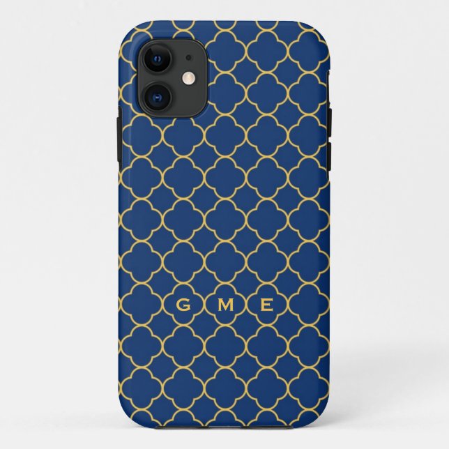 Quatrefoil clover pattern navy yellow 3 monogram Case-Mate iPhone case (Back)