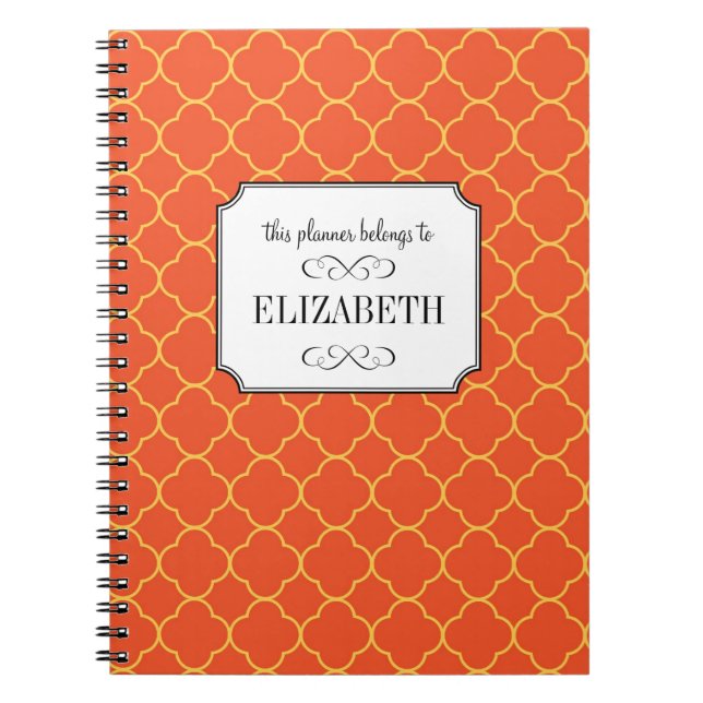 Quatrefoil clover pattern orange wedding planner notebook (Front)