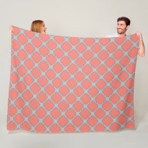 Quatrefoil coral and grey fleece blanket