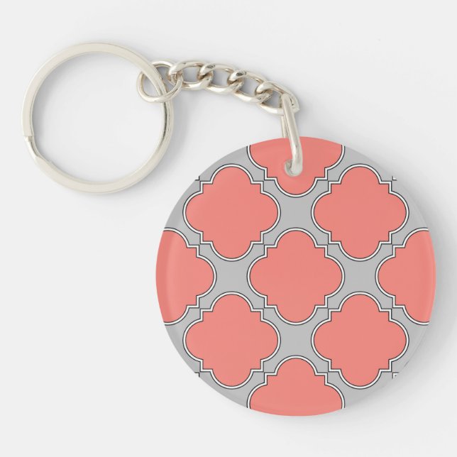 Quatrefoil coral and grey key ring (Front)