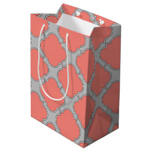 Quatrefoil coral and grey medium gift bag