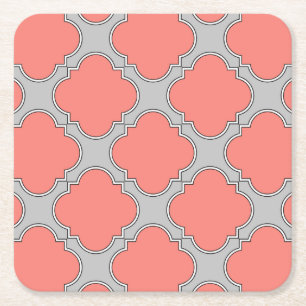Quatrefoil coral and grey square paper coaster