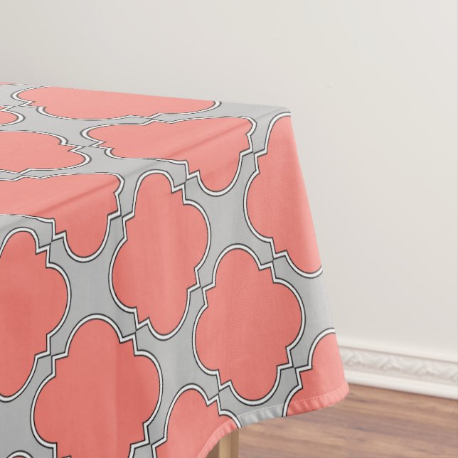 Quatrefoil coral and grey tablecloth (In Situ)