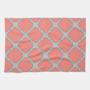 Quatrefoil coral and grey tea towel